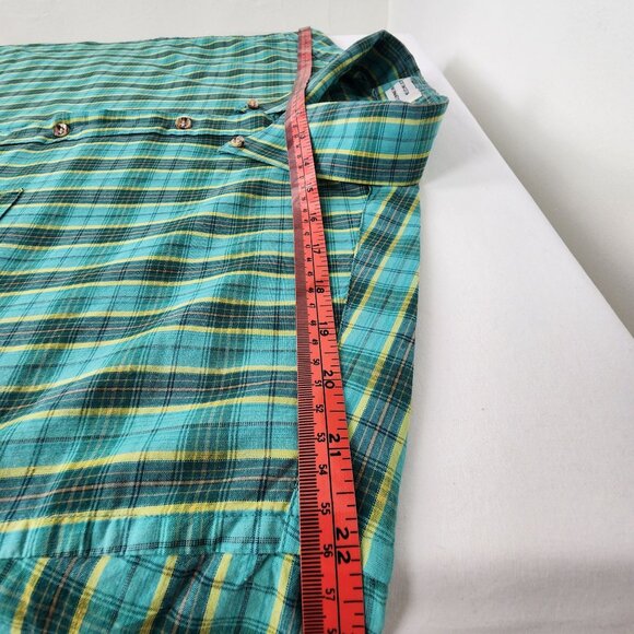 Vtg Cotton Plaid Long Sleeve Collared Button Down Shirt Turquoise Green Yellow - Picture 16 of 16